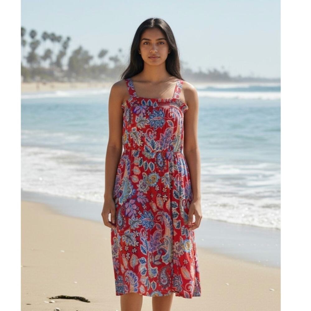 Talbots Paisley Floral Midi Dress Red Blue Cotton Smocked Back Womens 16